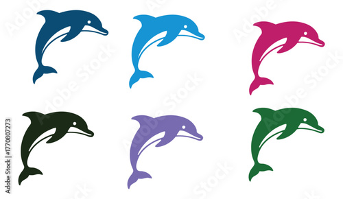 Six colorful dolphin silhouettes leaping against a white background.