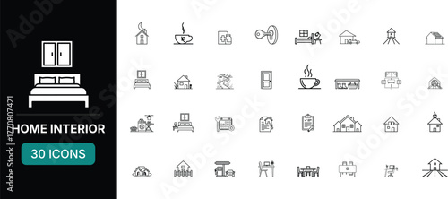 Home interior line icon set. Including Sofa, Armchair, Dining Table, Bookshelf, Floor Lamp, Potted Plant, Wall Clock, Television, Coffee Table, Bed Vector line illustration