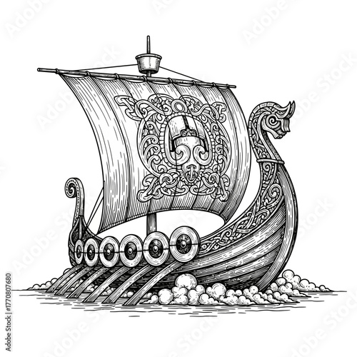 Hand drawn black and white illustration of a Viking longship.