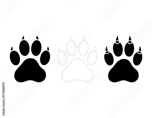 Three paw prints, two black and one outlined, on a, representing animal tracks or a journey