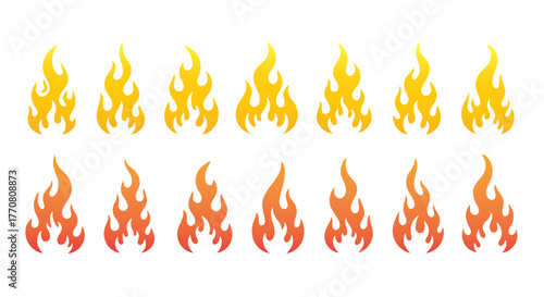 Collection of stylized flame icons in various sizes and shades of yellow, orange, and red, representing fire and heat