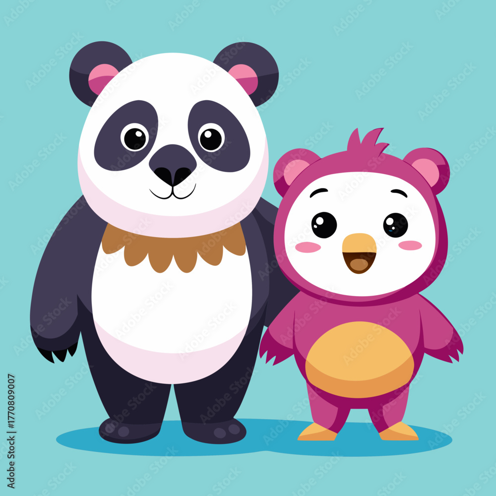 Obraz premium Cute cartoon panda and small pink bear friend standing together with happy expressions isolated on white background isolated on transparent background silhouette