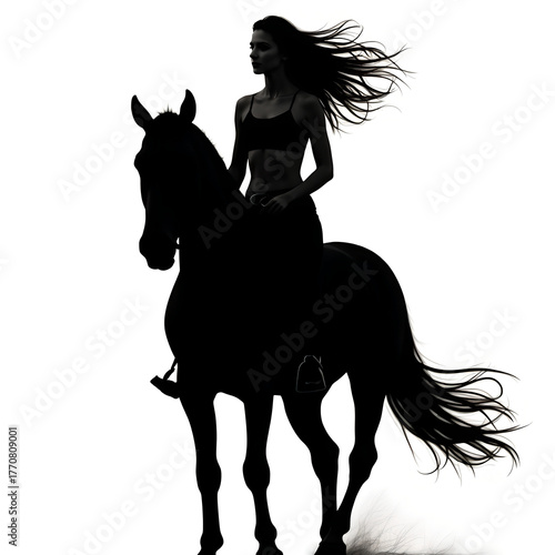 Black silhouette of a woman riding a horse on a white background