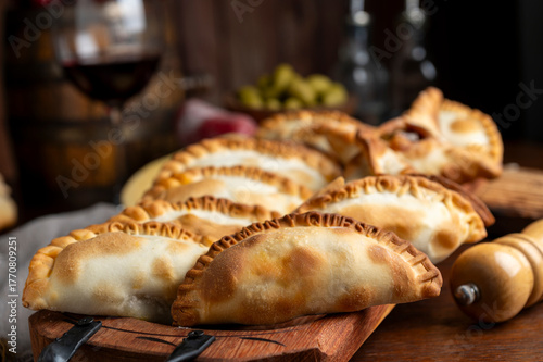 Baked Creole empanadas made with homemade dough filled with meat, ham and cheese, vegetables, Roquefort cheese, bacon, egg, olives, vegan and vegetarian. 