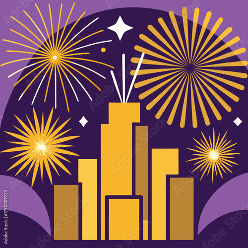 Vibrant cityscape with bursting fireworks and stylized buildings under a starry night sky isolated on white background isolated on transparent background silhouette