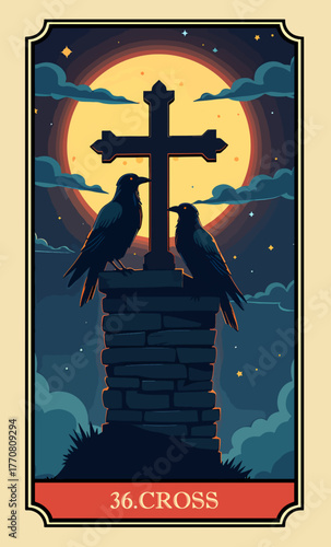 The cross. A comic-style fantasy card from the Lenormand Oracle deck. The classic 5:3 ratio for divination cards.