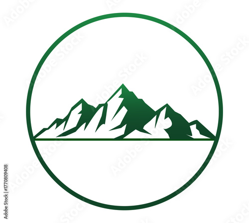 Green mountain range silhouette inside a circle, representing nature and adventure