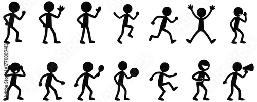 Cartoon stickman poses and expressions collection, Funny stick figure character actions set, Playful stickman cartoon illustration