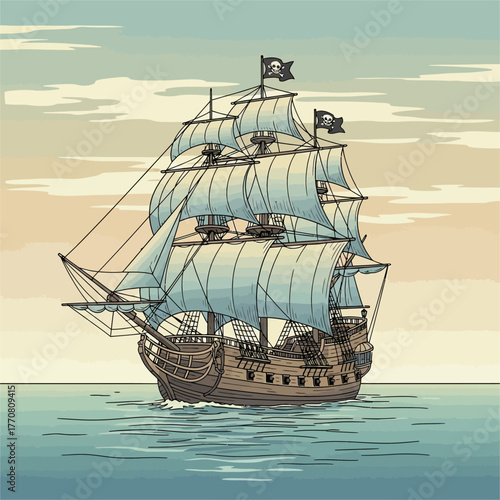Majestic Pirate Ship Sailing on the Open Sea.