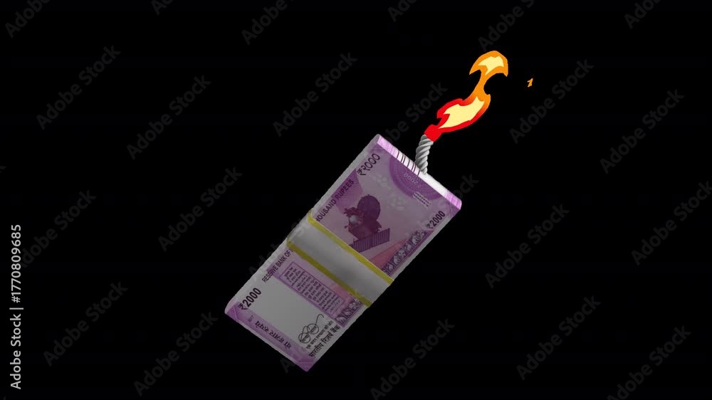 Dynamic 3D animation of 2000 Indian Rupee notes bursting in a fiery ...