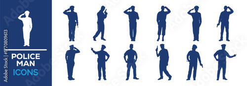 A set of dark blue silhouettes of male police officers in various poses, including saluting, standing, and holding a handgun. Ideal for icons and design elements.