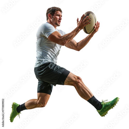 Dynamic Rugby Player Leaping to Catch Ball in Action