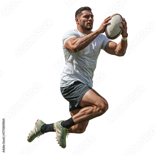 Rugby Player Running and Catching Ball in Isolated Cutout