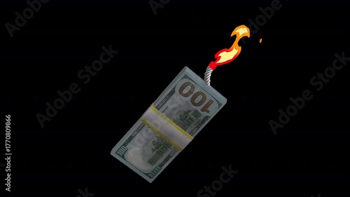 Powerful 3D animation of 100 US Dollar notes igniting in a fiery explosion. Ideal for finance, economy, banking, and investment visuals. 5-sec transparent background motion graphic.