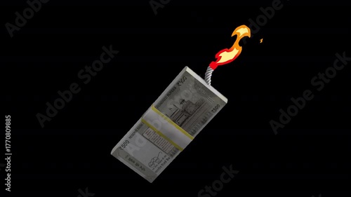 Intense 3D animation of 500 Indian Rupee notes exploding with fiery energy. Perfect for finance, economy, investment, and money-themed visuals. 5-sec transparent motion graphic loop.