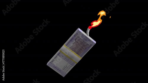 Explosive 3D animation of 100 Indian Rupee notes igniting in a fiery blast. Ideal for finance, economy, crisis, and investment visuals. 5-sec transparent background motion graphic loop.