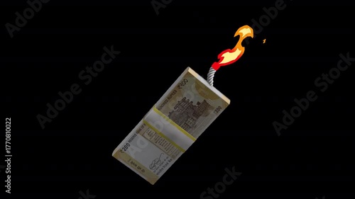 Powerful 3D animation of 200 Indian Rupee notes igniting in a fiery explosion. Perfect for finance, economy, and crisis visuals. 5-sec transparent background motion graphic animation.