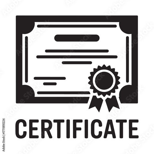 Black and white graphic of a certificate with a ribbon and the word certificate