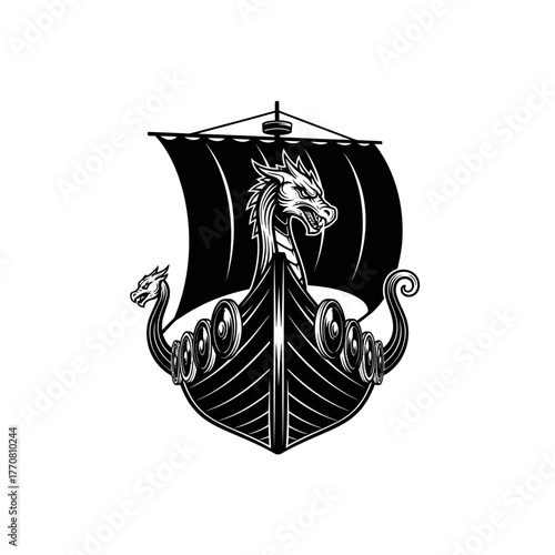 Monochrome Viking longship with a dragon head prow illustration.