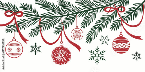 Decorative horizontal Christmas banner with pine branches, festive red ornaments, snowflakes, and dangling ribbons.
