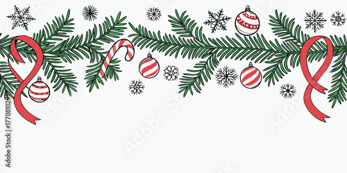 Continuous hand-drawn Christmas border with fir branches, striped ornaments, a candy cane, ribbons, and stylized snowflakes.