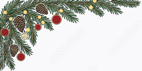 Festive Christmas corner decoration with detailed spruce branches, red ornaments, and patterned pine cones.