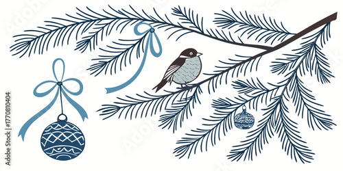 Cozy Christmas vector illustration with a small bird perched on a dark spruce branch decorated with blue ribbons and ornaments.