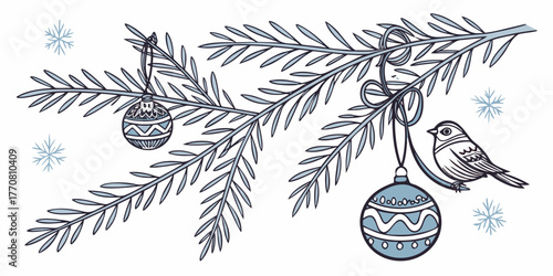 Hand-drawn winter vector illustration with a bird perched on a spruce branch, decorated with ornaments and snowflakes.