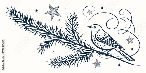 Elegant Christmas or winter scene with a bird perched on a spruce branch surrounded by stylized stars and swirls.