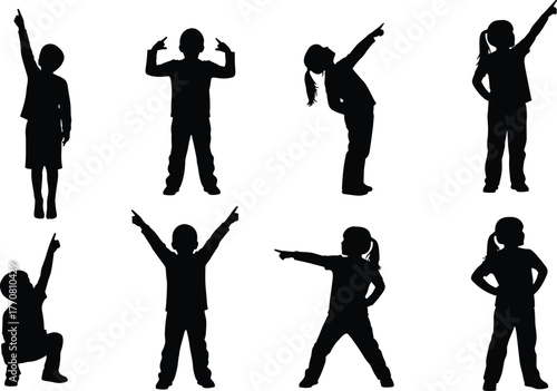 Silhouette of children pointing upward, standing, posing, showing direction, confident kids gestures, playful pose concept, motivation and curiosity expression