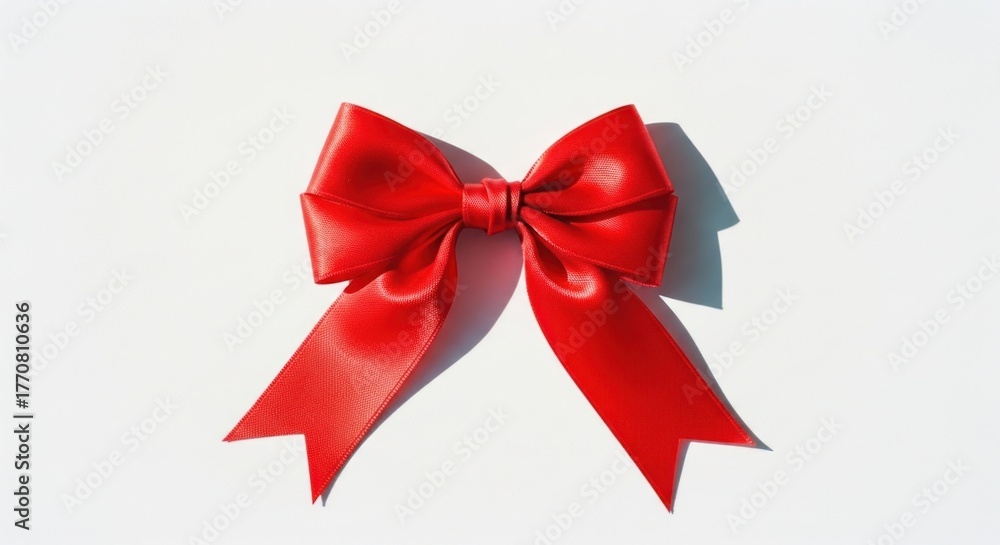 Fototapeta premium A vibrant red satin bow with elegant loops and tails rests on a clean white surface