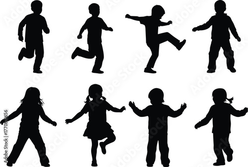Silhouette of children running, jumping, dancing, playing together, group of happy kids in motion, childhood activity, fun outdoor movement