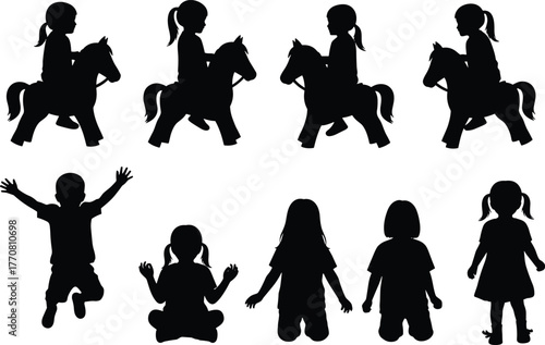 Silhouette of children playing, riding toy horse, jumping, sitting, standing, group of happy kids, childhood fun, outdoor playtime, joy, motion