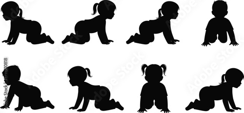 Silhouette illustration of crawling baby poses, adorable infant movement collection, child development stages, cute baby silhouettes, toddler learning to crawl
