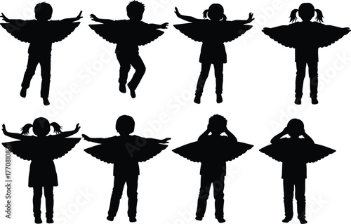 Silhouette of happy children with wings pretending to fly, creative imagination play, freedom concept, childhood dream, vector illustration
