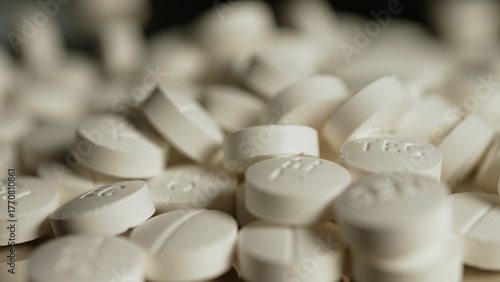 Powder drugs pressed in pills shape Stash of Oxy, Meth, Fentanyl or synthetic opioid drugs, seized by police or security, illegal drugs trafficking.