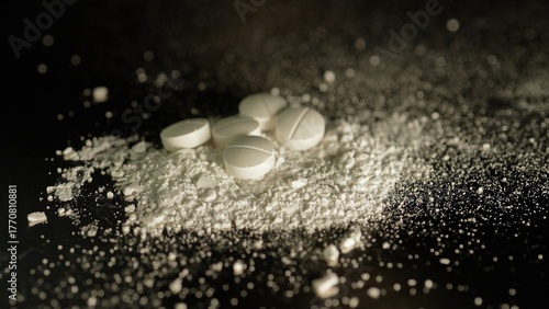 White crystalline powder made of crushed oxycodone prescription medications pills. Powdered drugs. Extreme macro close up of hand made Illegal narcotic substance.