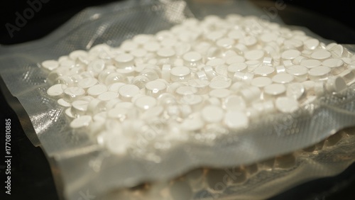Seized by police, Oxy, Meth, Fentanyl or synthetic opioid drugs. Powder drugs pressed in pills shape and packaged in to small plastic bags for transportation and sale in clubs, party and streets.