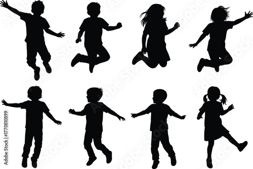 Silhouette of happy children jumping and dancing, isolated on white background, active kids, joyful movement, childhood freedom, vector illustration