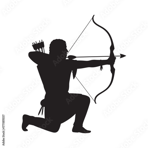 Silhouette of an archer kneeling and aiming a bow and arrow with quiver