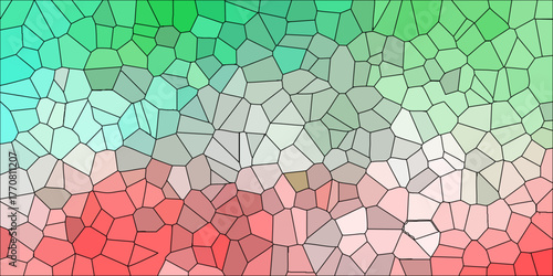 Abstract mosaic pattern with irregular polygonal shapes in a gradient of green to red and white, stained glass effect background for design