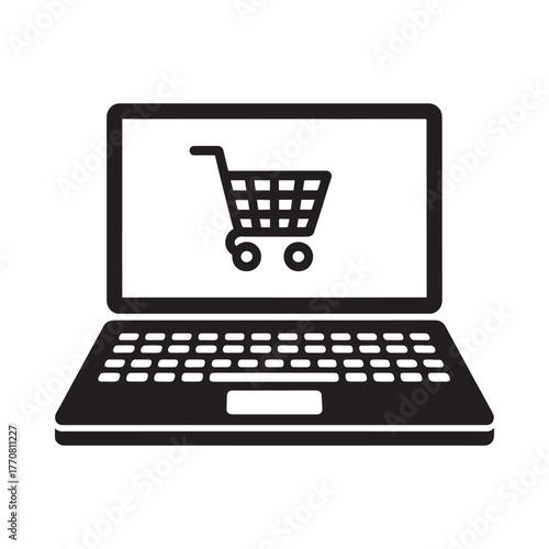 Laptop computer displaying a shopping cart icon for online retail and e commerce