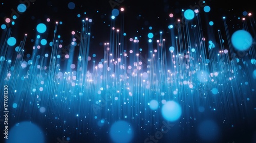 Blue and pink glowing light pillars with bokeh dots against a dark digital background