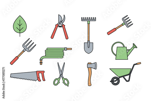Flat Design Garden Tools and Leaf Collection on White Background gardening equipment