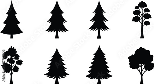Black silhouette collection of pine and deciduous trees, vector illustration of forest tree shapes, isolated nature elements for design, eco concept
