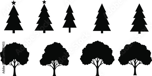 Silhouette of pine and oak trees, black forest illustration, evergreen and deciduous tree collection, nature design elements, woodland art graphic