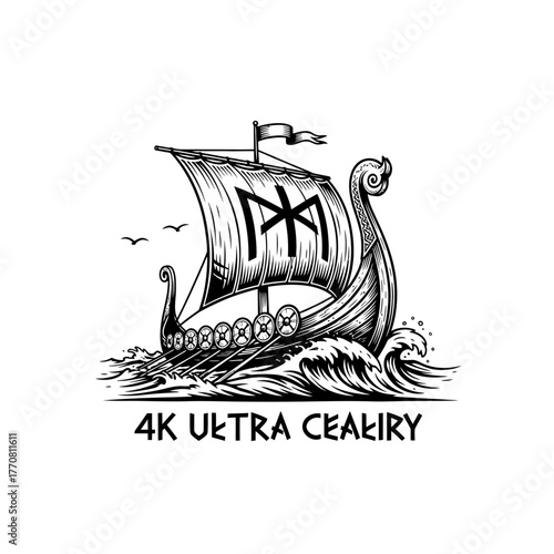 Viking drakkar longship with runic sail on rough ocean waves.