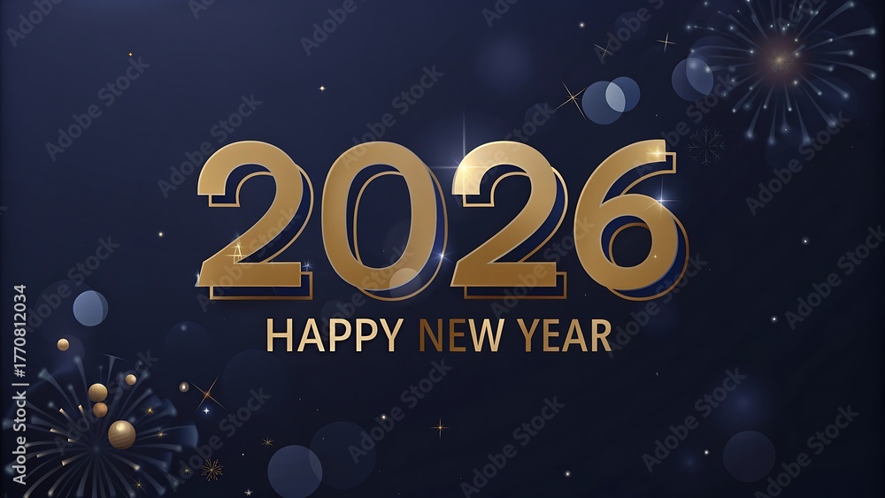 Naklejka premium Golden twenty twenty six new year greeting with fireworks on a dark blue background