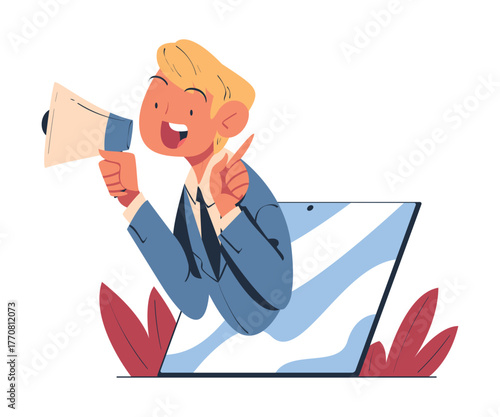 Man with Megaphone Look Out from Tablet Screen Vector Illustration