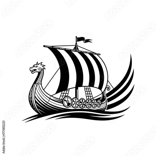 Viking Longship Illustration with Dragon Head and Striped Sail.